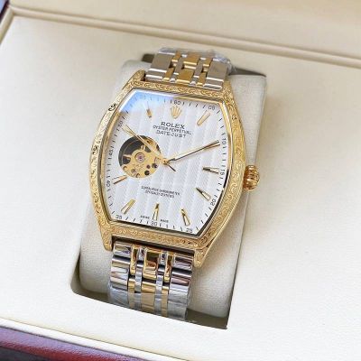 Rolex Datejust Men 316L Steel 42mm Tonneau White Gold/Two-tone RG/YG Band Watch